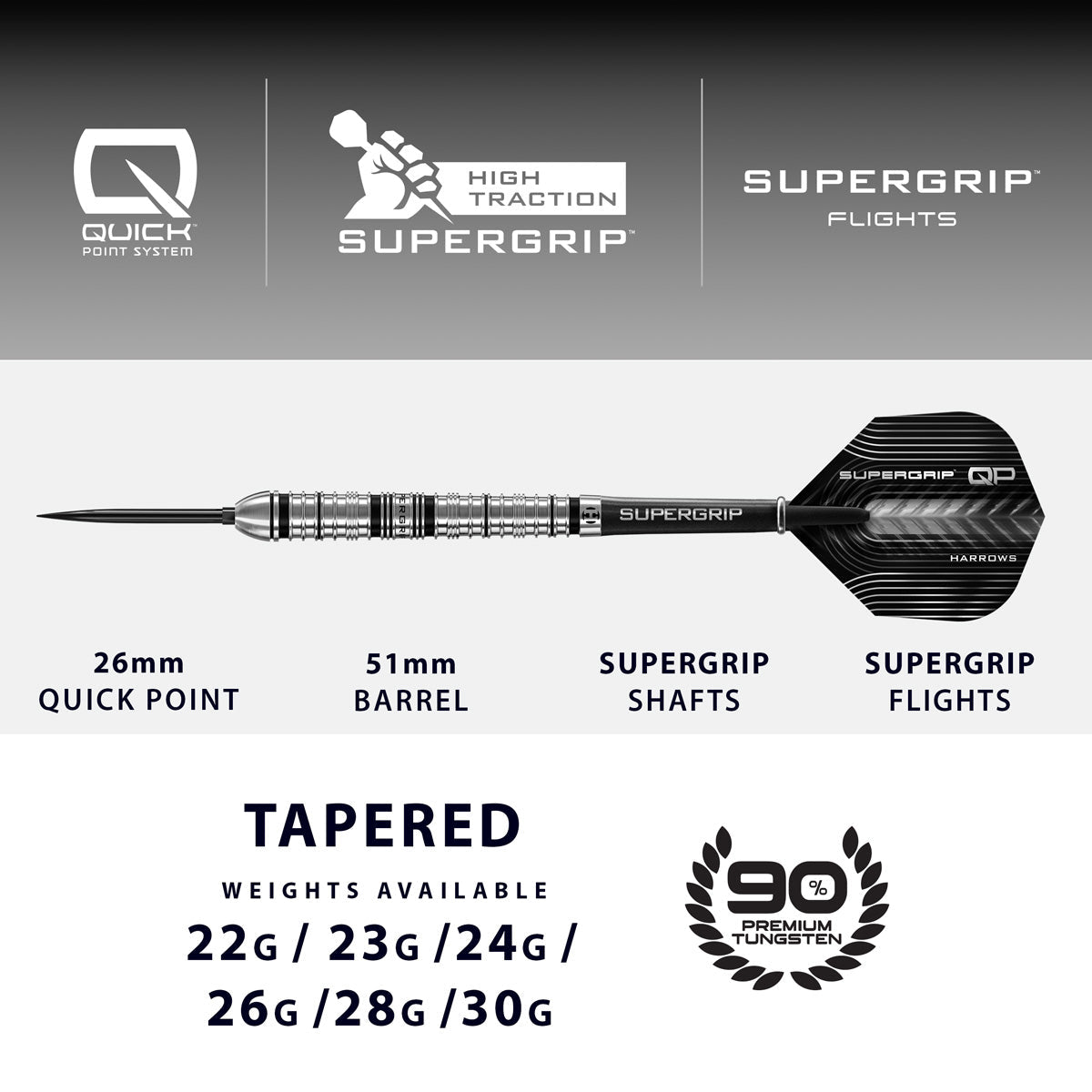 HARROWS - Supergrip Tapered 90% Tungsten QP Steel Tip Darts