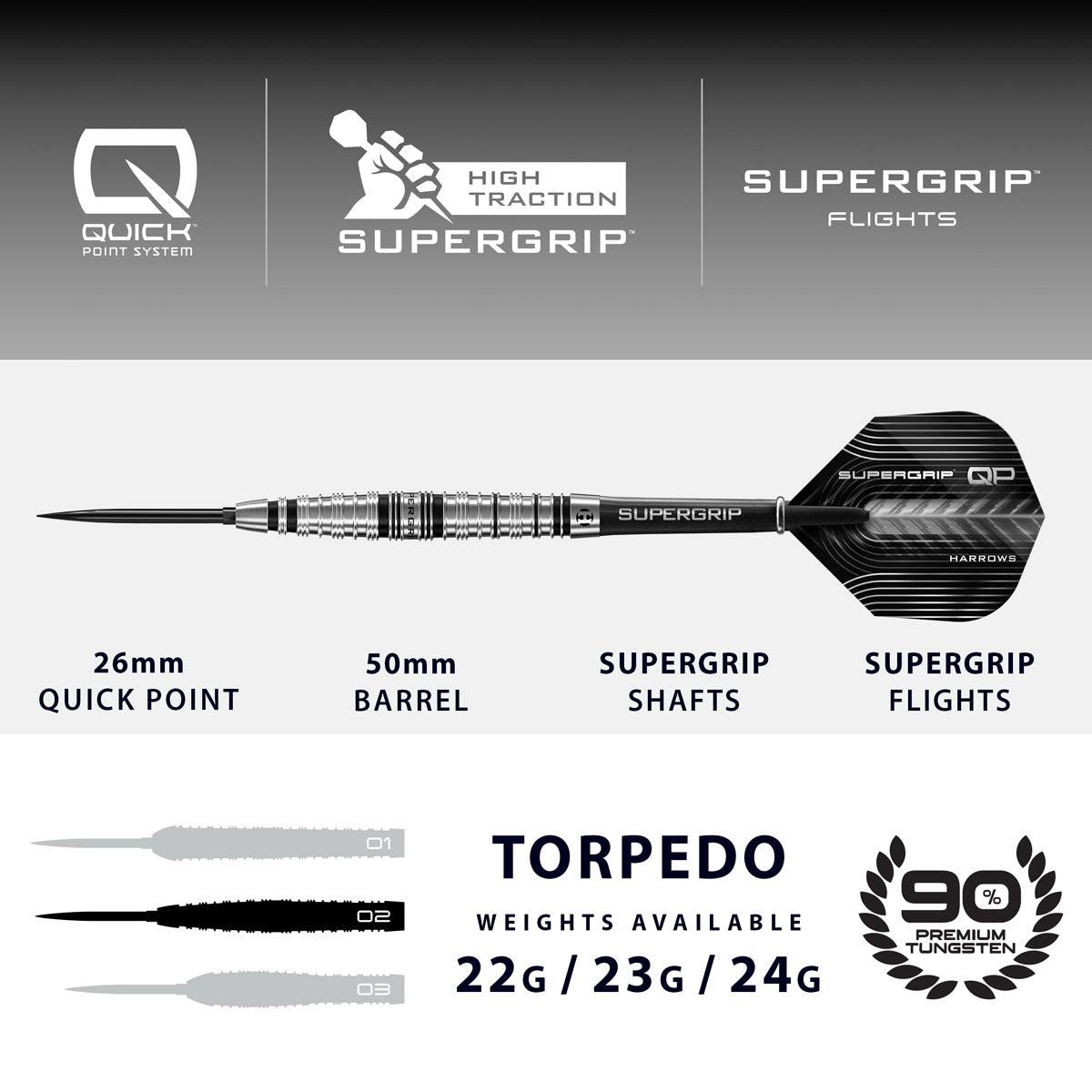 HARROWS - Supergrip Torpedo 90% Tungsten QP Steel Tip Darts